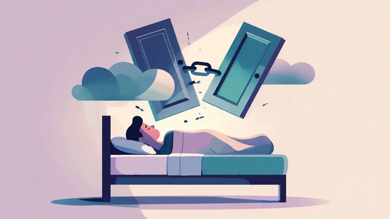 Peaceful minimalist illustration of a person sleeping with open doors symbolizing freedom.