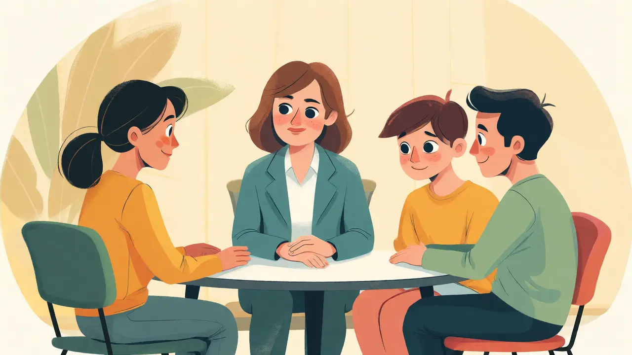 Rodinná terapie s terapeutem a rodiči u stolu v ilustraci